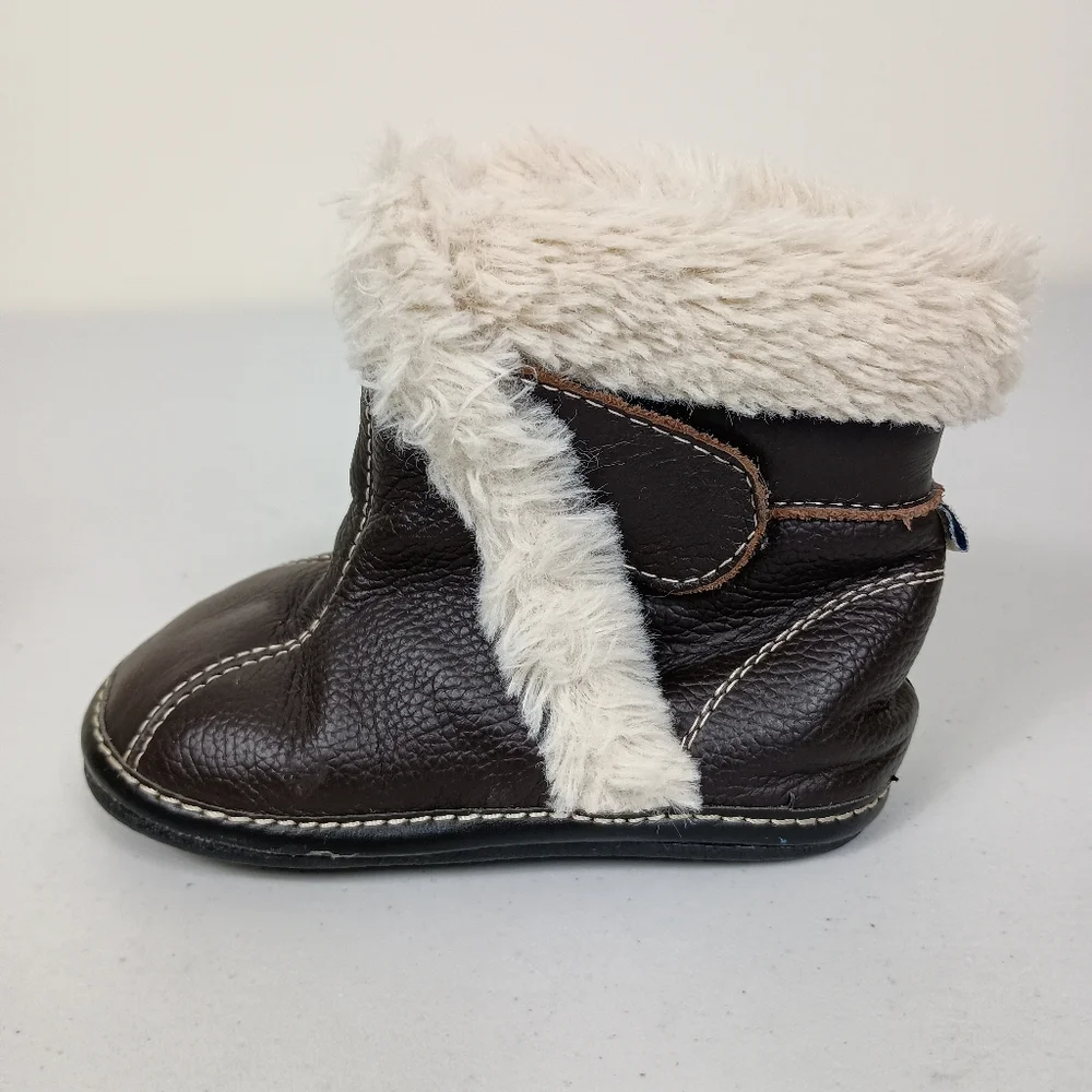 Jack Lilly Leather Moccasin Boots 18-24M Brown Sherpa Slip On Hook Loop Closure